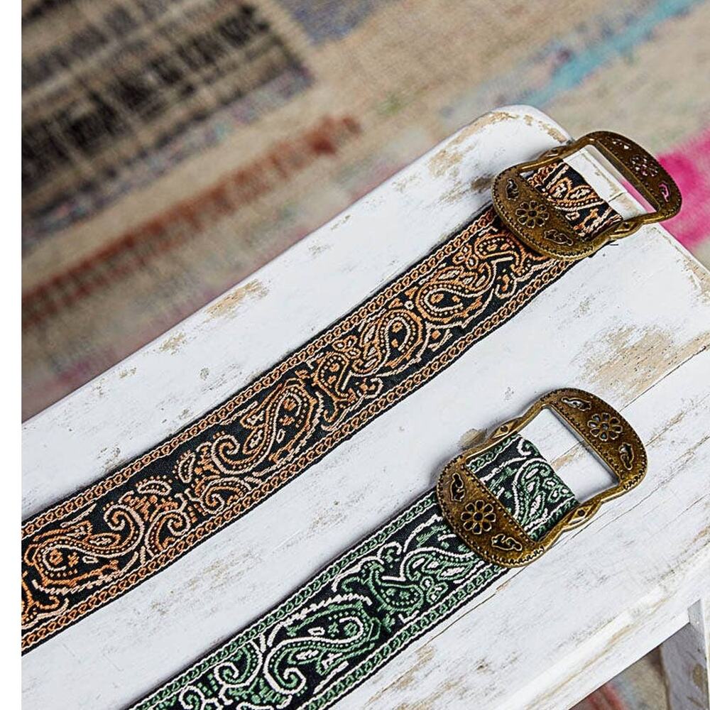 Paisley Embroidered Boho Belt – Brown with Burnished Gold Buckle